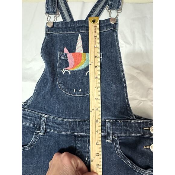 Cat & Jack Girls Distressed Blue Stretch Denim Bib Overalls Large 10-12 Unicorn - Picture 13 of 16